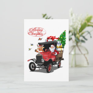 Weihnachtskarte mit Cartoon Santa und Hirsche