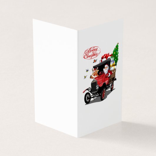 Weihnachtskarte mit Cartoon Santa und Hirsche (Vorderseite)