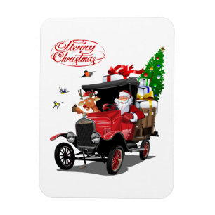 Weihnachtskarte mit Cartoon Santa und Hirsche Magnet