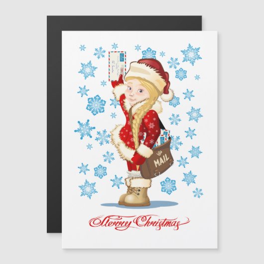 Weihnachtskarte mit Cartoon Snow Maiden - Postman Magnetkarte (Vorne/Hinten)