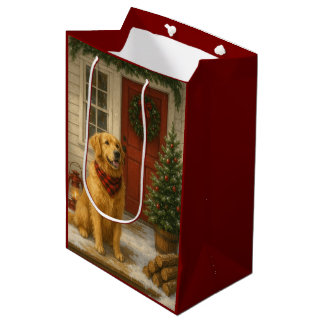 Weihnachtskarte mit Golden Retriever Mittlere Geschenktüte