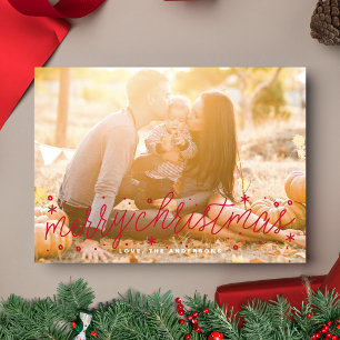 Weihnachtskarte mit großem Foto und roter Schrift Feiertagskarte