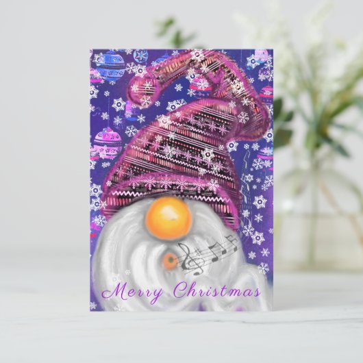 Weihnachtskarte mit Happy Gnome in Lila Hat (Stehend Vorderseite)
