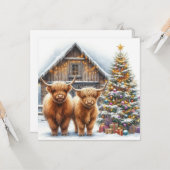 Weihnachtskarte mit Highland-Kühen, Baum und Scheu Karte (Vorderseite/Rückseite Beispiel)