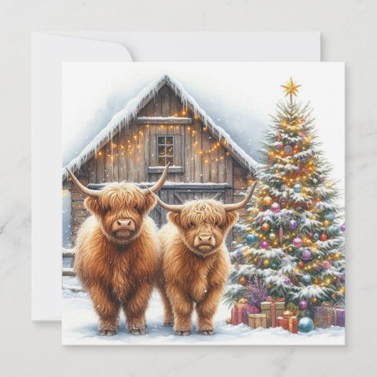 Weihnachtskarte mit Highland-Kühen, Baum und Scheu Karte (Vorderseite)