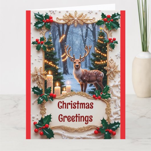 Weihnachtskarte mit Hirsch und Lichterkette Karte (Vorderseite)
