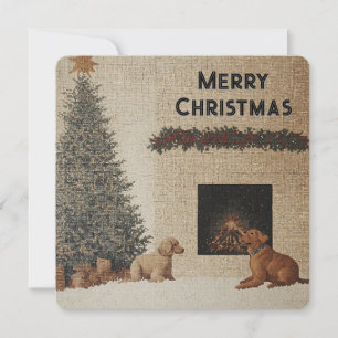 Weihnachtskarte mit Hunden & Kamin Neutrale Farben Feiertagskarte