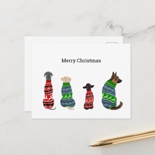 Weihnachtskarte mit Hunden mit Pullover Postkarte (Vorderseite/Rückseite Beispiel)