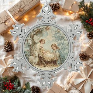 Weihnachtskarte mit Jesuskind in einer Krippe und  Schneeflocken Zinn-Ornament