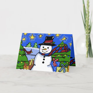 Weihnachtskarte mit Kardinal und Schneemann im Gar Feiertagskarte