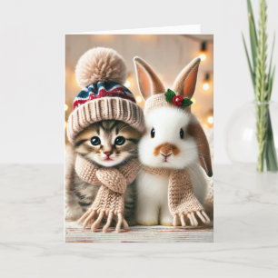 Weihnachtskarte mit Katze und Hase Feiertagskarte