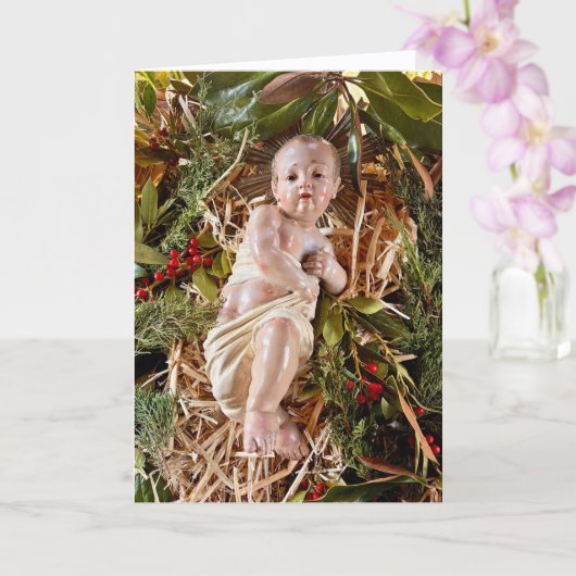 Weihnachtskarte mit Kind in der Krippe Karte (Orchidee)
