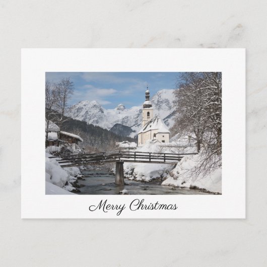 Weihnachtskarte mit Kirche im Schnee in den Alpen Postkarte (Vorderseite)
