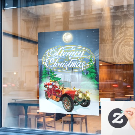 Weihnachtskarte mit Oldtimer und Weihnachtsmann Fensteraufkleber (Café-Fenster)