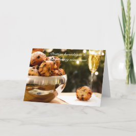 Weihnachtskarte mit Oliebollen und Text Feiertagskarte