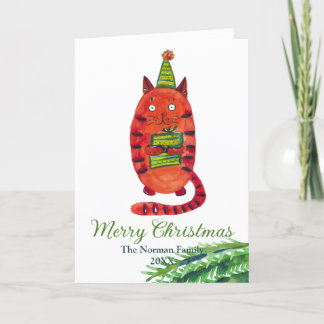 Weihnachtskarte mit roter Katze. Aquarellkatze Dankeskarte