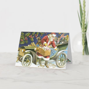 Weihnachtskarte mit Santa und seinem Auto Feiertagskarte