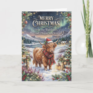 Weihnachtskarte mit schneebedeckter Highland-Kuh Karte