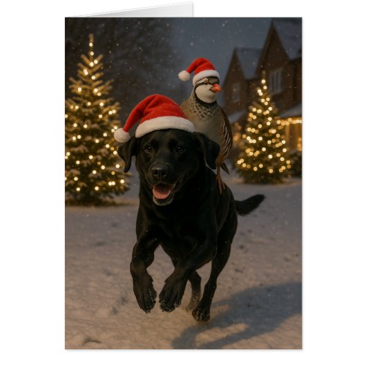 Weihnachtskarte mit schwarzem Labrador und Rebhuhn (Vorne)