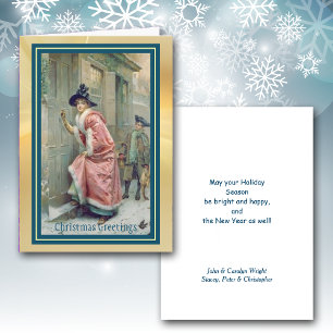 Weihnachtskarte mit viktorianischer Dame in rosa R Feiertagskarte