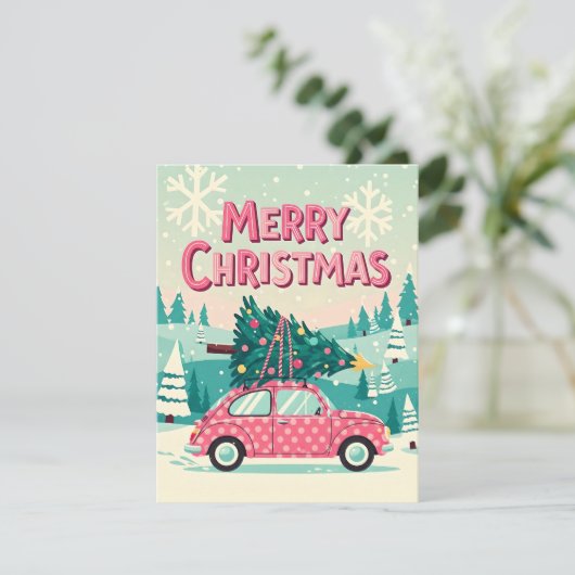 Weihnachtskarte mit Vintage-Auto Feiertagskarte (Stehend Vorderseite)