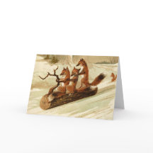 Weihnachtskarte mit Vintage-Füchsen beim Schlitten