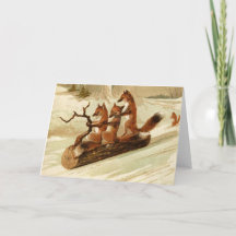 Weihnachtskarte mit Vintage-Füchsen beim Schlitten