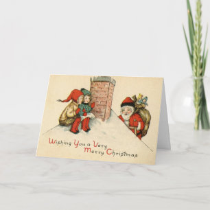 Weihnachtskarte mit Vintage-Santa und Kindern Feiertagskarte