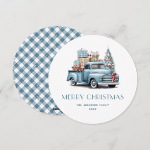 Weihnachtskarte mit Wasserfarbe Blauem LKW Gingham Feiertagskarte