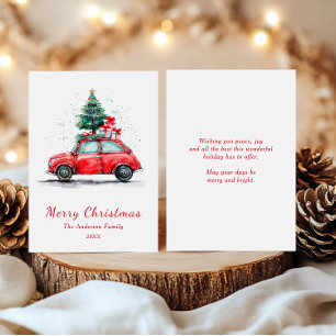 Weihnachtskarte mit Wasserfarben - Rotes Auto mit Feiertagskarte