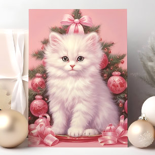 Weihnachtskarte mit weißem Kätzchen und rosa Chris Feiertagskarte