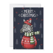 Weihnachtskarte mit Zebra im gestrickten Pullover