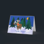 Weihnachtskarte "Rentier" mit finnischer Begrüßung Feiertagskarte<br><div class="desc">Eine humorvolle Weihnachtskarte mit einem finnischen Gruß und einem Rentier mit Ornamenten, die von seinen Geweihen hängen, aus einer handbemalten Papiertüte von Judy Adamson. Bitte kontaktieren Sie mich über meinen Shop, wenn Sie möchten, dass der Text an der Vorderseite geändert wird und das Innere für Ihre eigene Nachricht leer verlassen...</div>