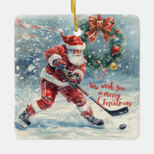 Weihnachtskarte Santa Hockey Keramikornament