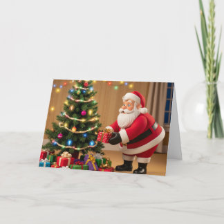 Weihnachtskarte Santa legt Geschenke unter den Bau Feiertagskarte