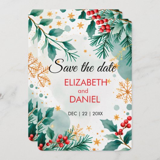 Weihnachtskarte "Save the Date" - Holly Save The Date (Vorne/Hinten)