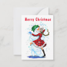 Weihnachtskarte Snowman and Girl Dance - Spaß