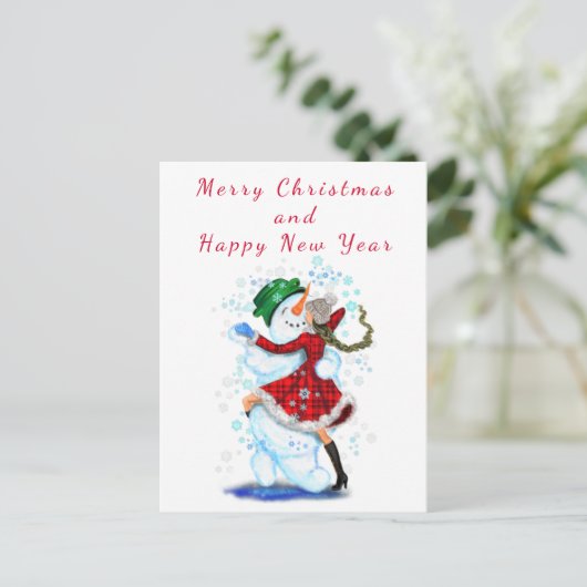 Weihnachtskarte Snowman and Girl Dance - Spaß Postkarte (Stehend Vorderseite)