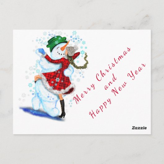 Weihnachtskarte Snowman and Girl Dance - Spaß Postkarte (Rückseite)