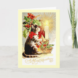 Weihnachtskarte Vintage Katze und Kerze Feiertagskarte