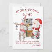 Weihnachtskarte von Santa mit Rentier und Schlitte (Vorderseite)