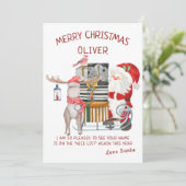 Weihnachtskarte von Santa mit Rentier und Schlitte (Stehend Vorderseite)