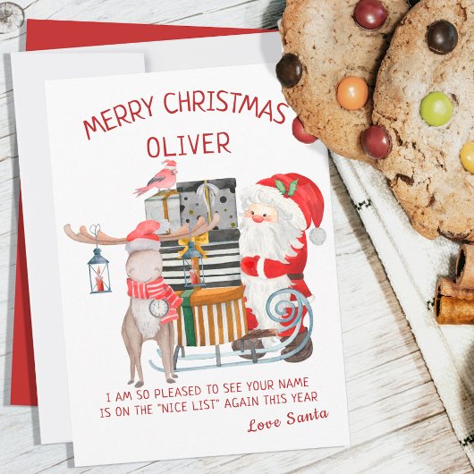 Weihnachtskarte von Santa mit Rentier und Schlitte