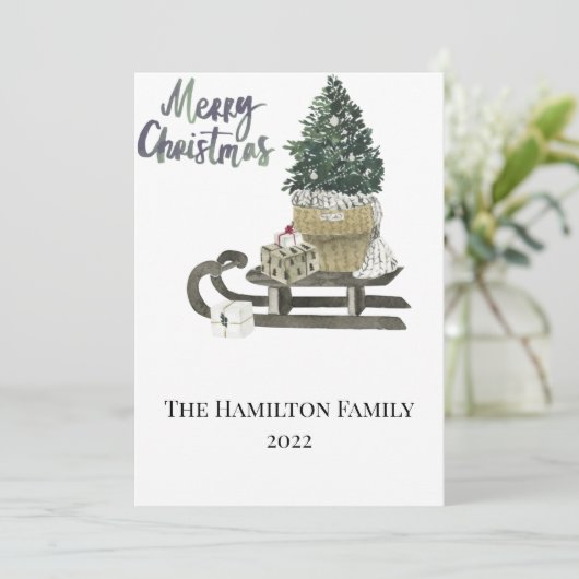 Weihnachtskarte Wasserfarbe Schlitten und Baum Einladung (Stehend Vorderseite)