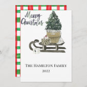 Weihnachtskarte Wasserfarbe Schlitten und Baum Einladung (Vorne/Hinten)