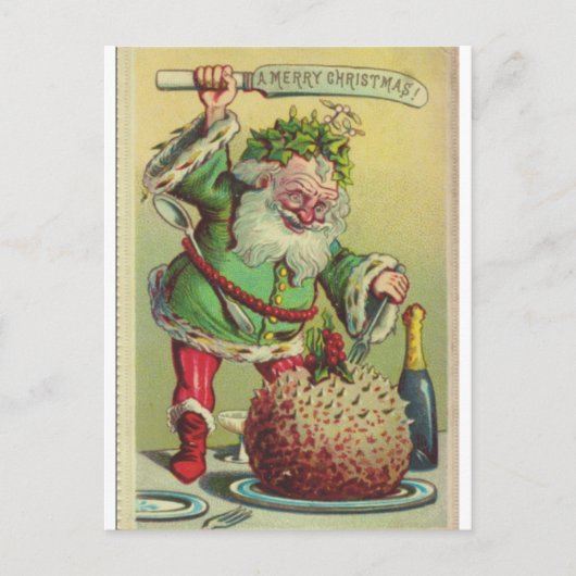 Weihnachtskarte Weihnachtsmann greift Pudding an Postkarte (Vorderseite)