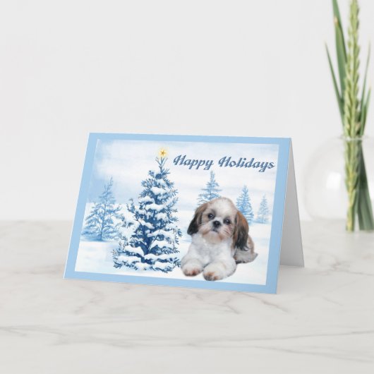 Weihnachtskarten-Blau-Baum Shih Tzu Feiertagskarte (Vorderseite)