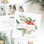 Weihnachtskarten für das botanische Foto<br><div class="desc">Weihnachtskarten für das botanische Foto. Mit dieser quadratischen Karte aus der Botanischen Weihnachtskarten-Sammlung Red Holiday Watercolor erfassen Sie das Wesentliche der Saison. Die Vorderseite ist mit einem eleganten "Frohen Weihnachten"-Drehbuch gerahmt, das von lebhaften roten Blume und Grün auf einem knusprigen, weißen Hintergrund geprägt ist und einen klassischen und zeitlosen Gruß...</div>