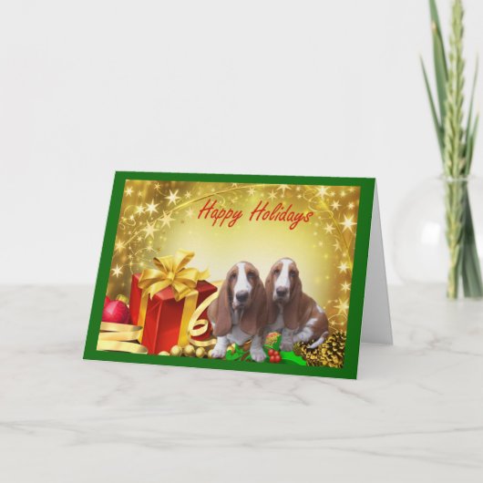 Weihnachtskarten-Geschenke im Basset Hound Feiertagskarte (Vorderseite)