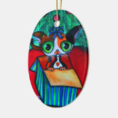 Weihnachtskatzchen in Geschenkschmuck Keramik Ornament (Links)